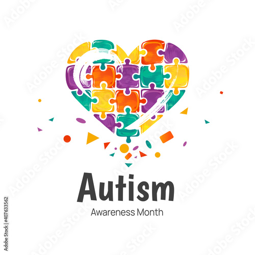 Banner for Autism Awareness Month. Illustration with heart isolated on white background. Puzzle composition.