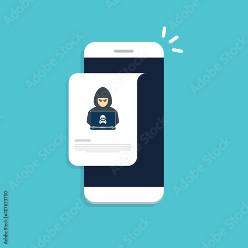 Hacker, malware notification on mobile phone. Smartphone with hacker alert, spam data on cellphone fraud error message, scam, virus. Flat vector illustration.	
