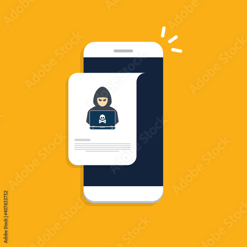 Hacker, malware notification on mobile phone. Smartphone with hacker alert, spam data on cellphone fraud error message, scam, virus. Flat vector illustration.	
