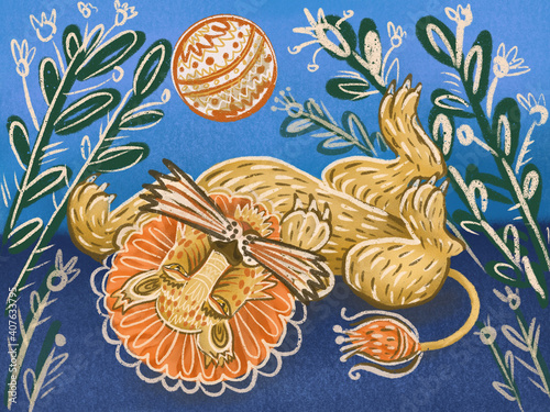 Folk art ornamental lion illustration on blue background