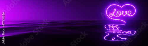 Dark purple background with a neon heart and the word love over a dark liquid.