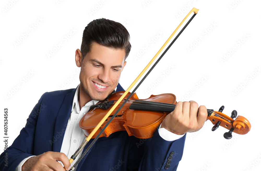 Happy man playing violin on white background Happy man playing violin on white background