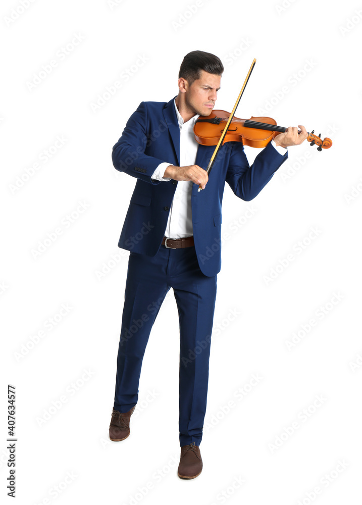 Man playing wooden violin on white background Man playing wooden violin on white background
