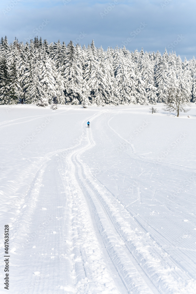 Cross country skiing track on sunny day