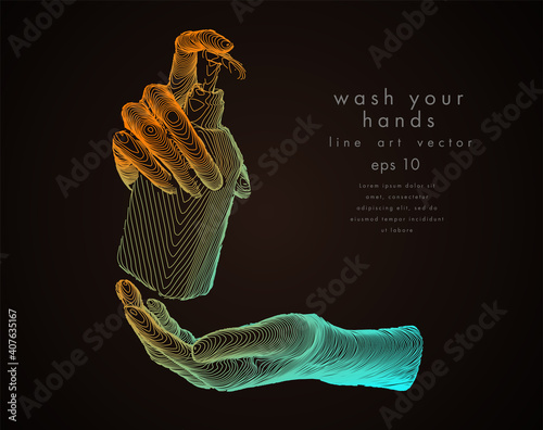 Washing hands with alcohol gel or antibacterial soap sanitizer. Hands holding a bottle. Concept antivirus vector line illustration on dark background.