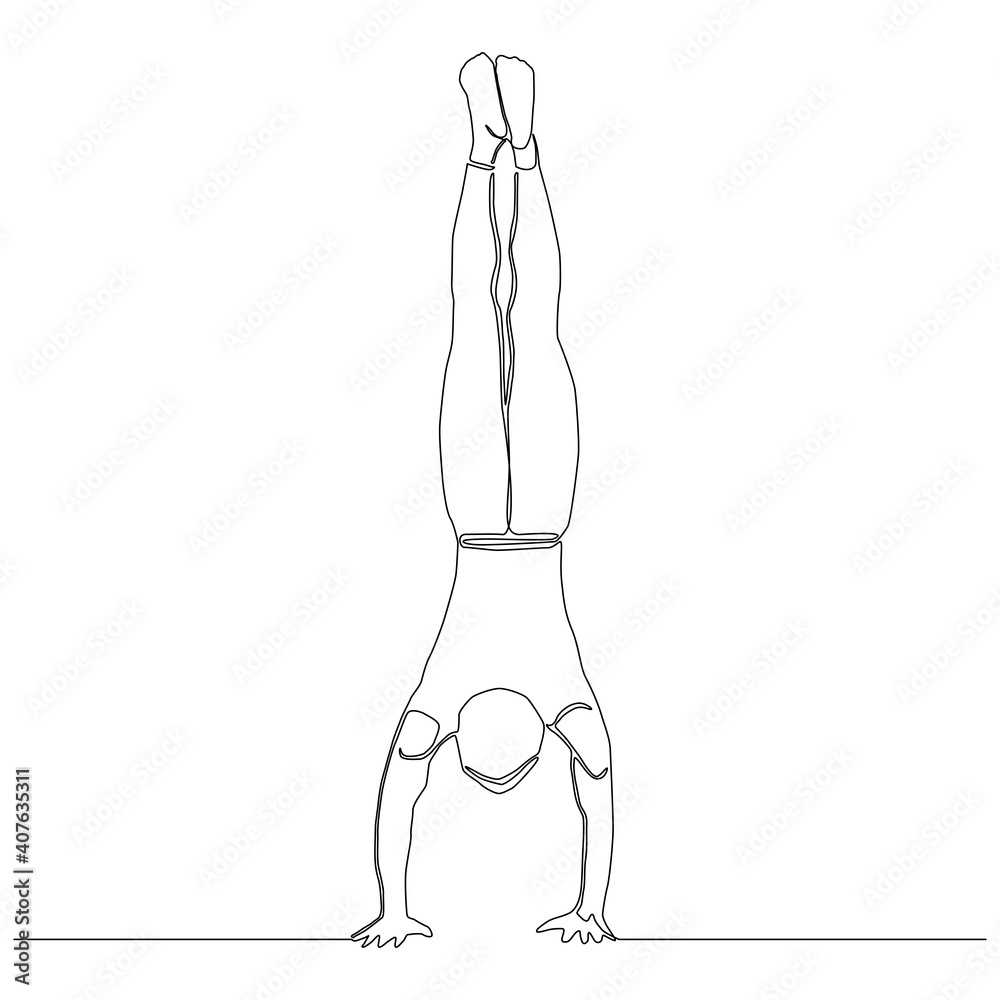 Continuous line of man upside down. Yoga exercise vector.