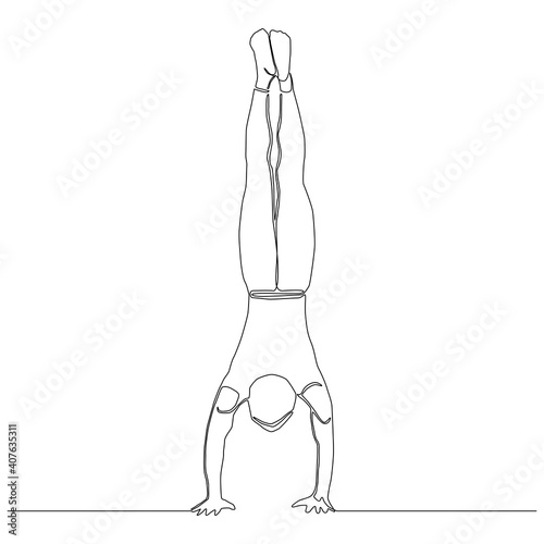 Continuous line of man upside down. Yoga exercise vector.
