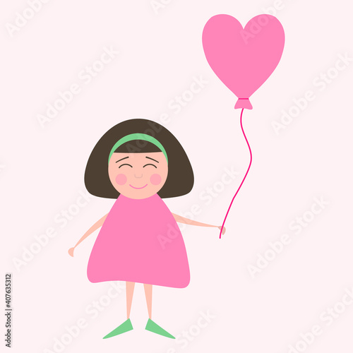 Isolated vector smiling girl with pink heart shaped air balloon in flat style on a light pink background. Design element for Valentine's Day, postcard, poster, wallpaper, print, textile, background. 