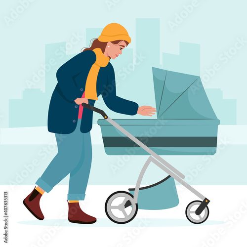 Woman mother with a baby carriage in winter background. Vector illustration in flat style