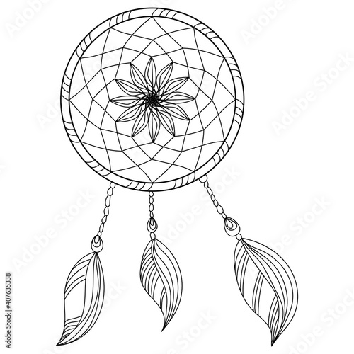 Dreamcatcher coloring page, anti stress coloring book with braided decorative element with three patterned feathers