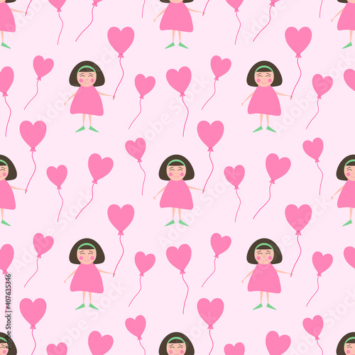 Seamless pattern with vector smiling girl and pink heart shaped air balloon in flat style on a light pink background. Design for Valentine's Day, postcard, wallpaper, print, textile, background. 