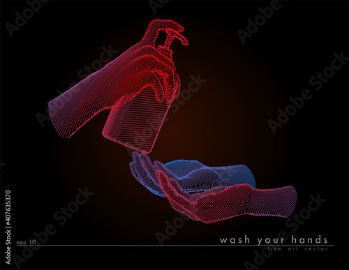 Washing hands with alcohol gel or antibacterial soap sanitizer. Hands holding a bottle. Concept antivirus vector line illustration on dark background.