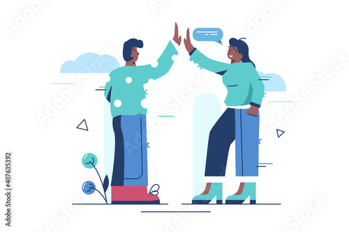 High five gesture vector illustration. Man and woman congratulating each other flat style concept. Partnership, team work, goal achievement, celebration concept design