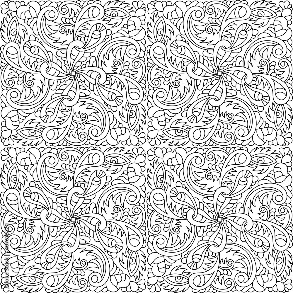 Hand-drawn seamless pattern with abstract elements . Curls, hearts, eyes. Psychedelic background . For fabric, Wallpaper, phone