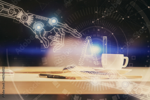Multi exposure of technology theme drawing and desktop with coffee and items on table background. Concept of data research. © peshkova