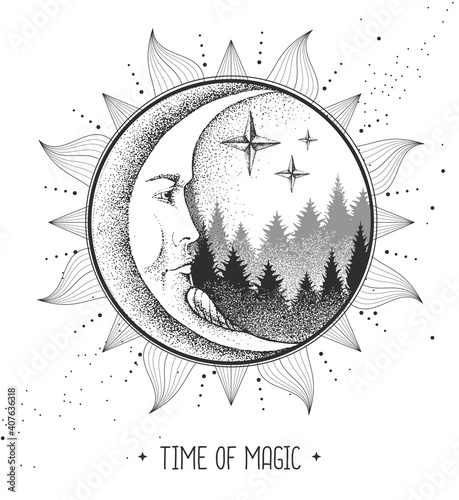 Modern magic witchcraft card with astrology sun and moon sign with human face. Day and nignt.