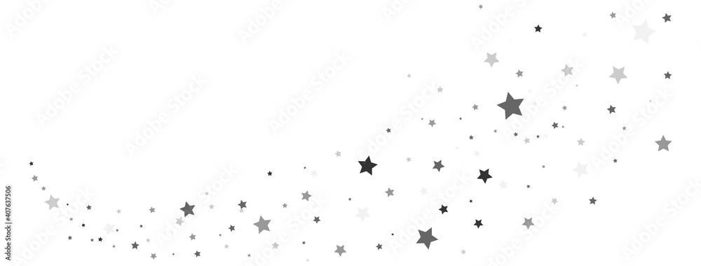 Star silver trail shape. Gray stars composition on white background. Glitter elegant design elements. Gold shooting stars. Magic decoration. Celebration Christmas texture. Vector illustration