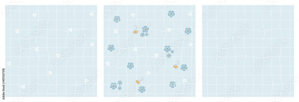 Set of three repeat seamless patterns. White daffodils, blue forget me not flowers on squared rough pastel paper background. Yellow Bees in love are around Set of three repeat seamless patterns. White daffodils, blue forget me not flowers on squared rough pastel paper background. Yellow Bees in love are around