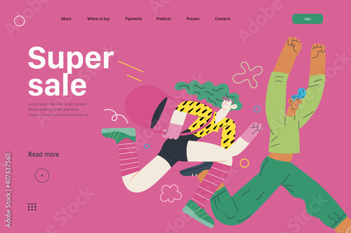 Discounts, sale, promotion, web template - modern flat vector concept illustration of a man and a woman running in the pursuit of the discounts, with a big percent sign on the background. Super sale