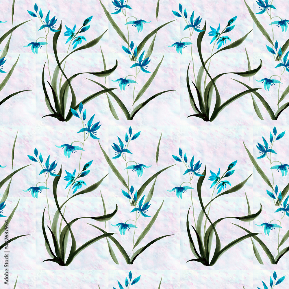 Seamless pattern with wild orchid blooming. The black leaves are drawn in ink on a pale textured background, and the flowers are painted in blue watercolors in the style of Chinese painting.