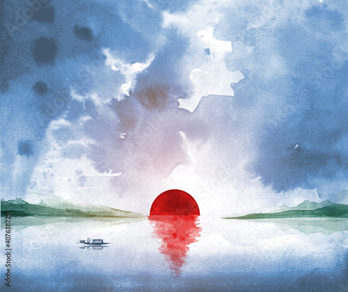 Fishing boat and sunrise over the water. Traditional oriental ink painting sumi-e, u-sin, go-hua.