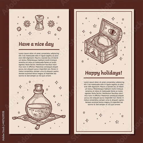 Advertising Banner and Paper Template of Boho element. Ready to use Set of Magic and Mystic Background in Vintage Retro Style. Glass Bottle of Poison, Wooden Chest, Sun, Moon. Magic and Gypsy stylized