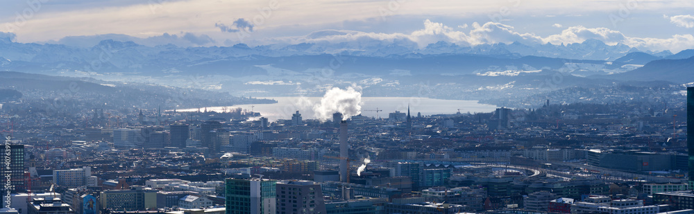 Winter panorama city of Zurich, Switzerland.