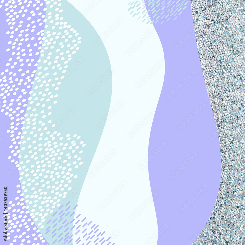 Combined wavy background with glitter and dots. Light blue, silver and purple texture