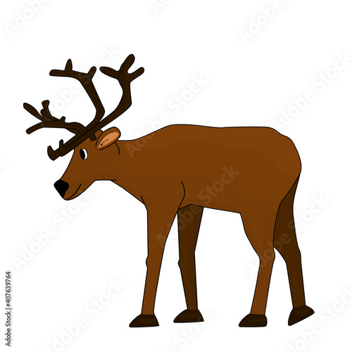 Brown cute cartoon hand drawn cartoon deer with antlers or caribou is going to somewhere. Animal is isolated on white background