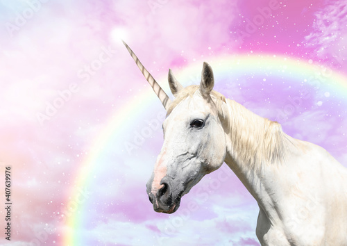 Magic unicorn in beautiful sky with rainbow and fluffy clouds. Fantasy world © New Africa