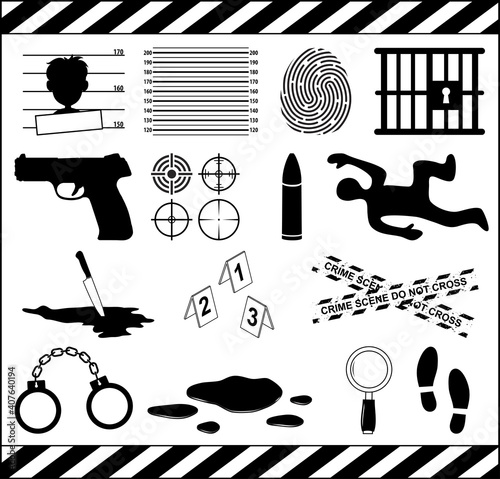 Crime icon set. Murder symbol collection. Criminal illustrations isolated on white background. Contains  murderer investigation, crime scene and outlaw elements.