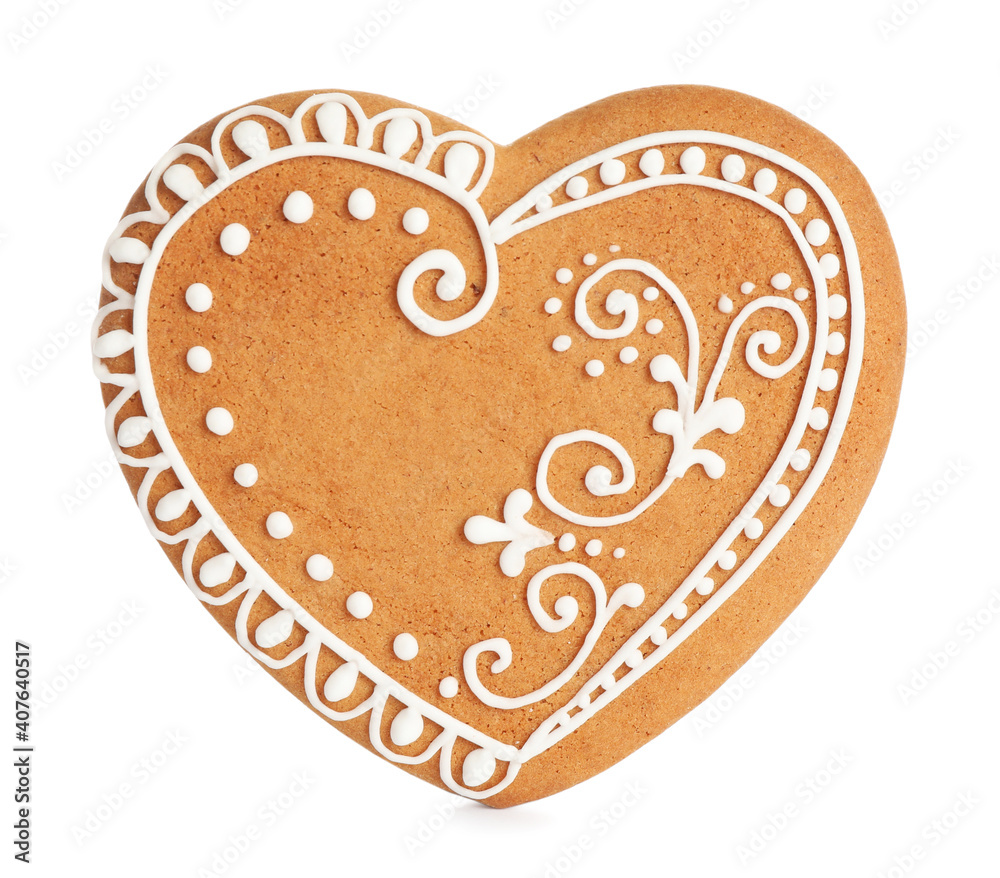 Gingerbread heart decorated with icing isolated on white Gingerbread heart decorated with icing isolated on white