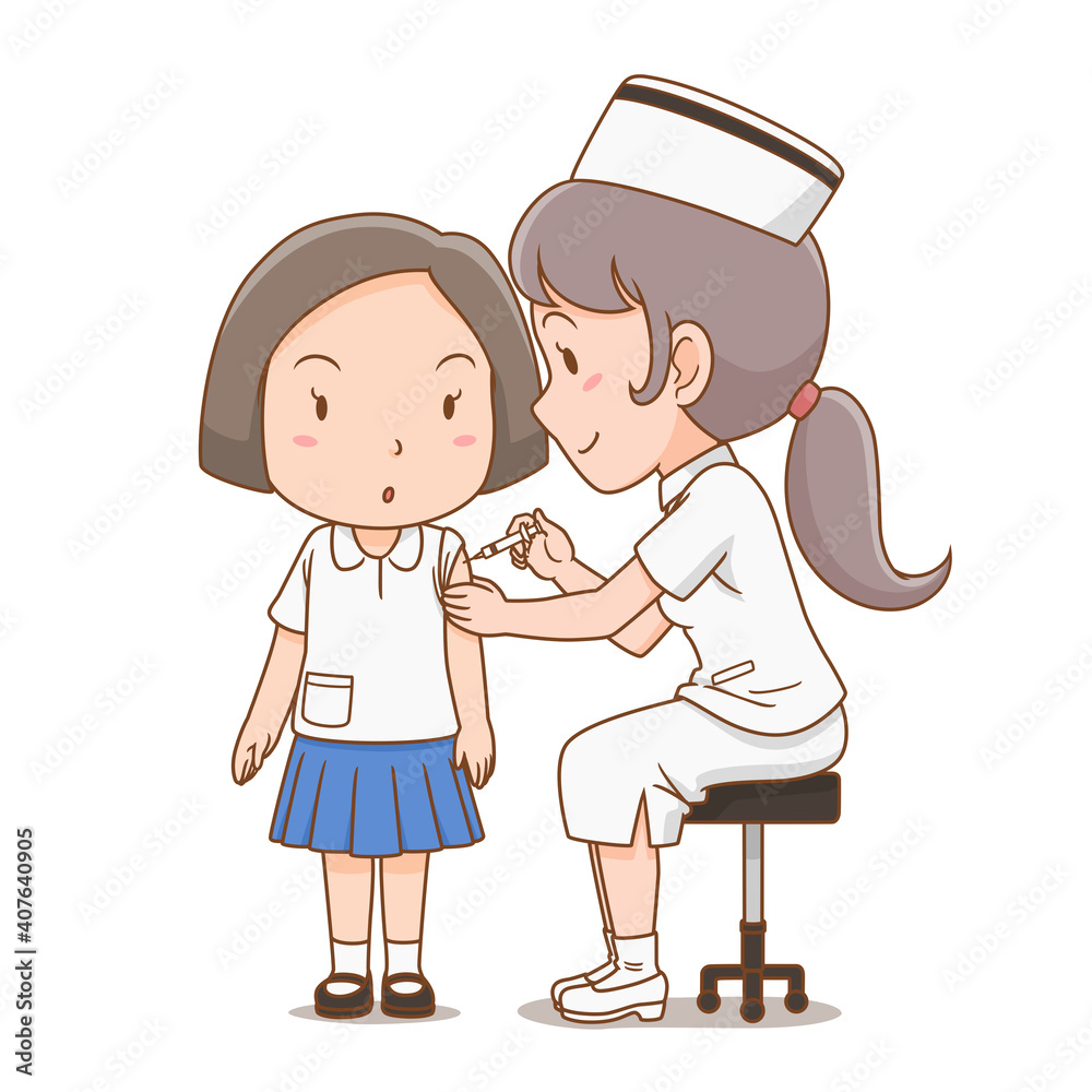 Cartoon illustration of nurse giving an injection to student girl. Stock  Vector | Adobe Stock