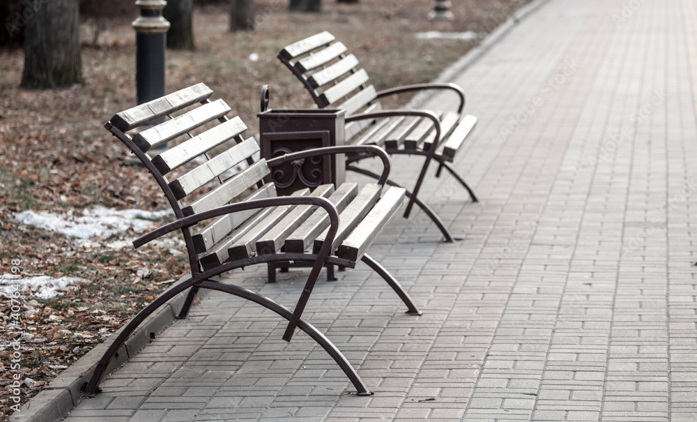 Wooden benches in the park. Place to rest