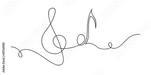 Music, continuous line, Vector line drawing. Print design. Note, treble clef