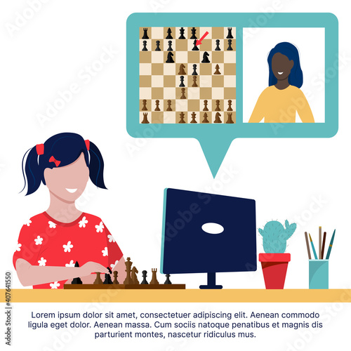 Virtual learning to play chess, distance education concept. A black woman is teaching a chess lesson to a child. Vector illustration, modern flat style
