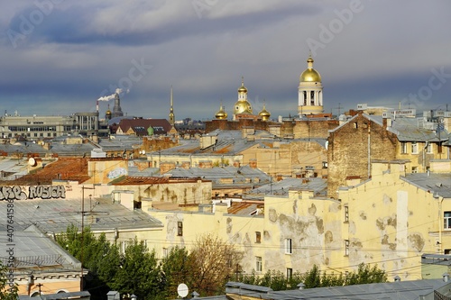 Panorama view, Concept for real estate panoramic modern cityscape building bird eye aerial view under sunrise and morning blue bright sky in St.Petersburg, Russia Urban landscape contrast the plants