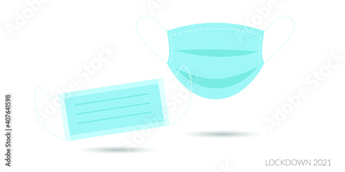 Medical masks, blue. Lockdown, coronavirus outbreak 2021. Breathing medical respiratory mask. Hospital or pollution protect face masking. Vector flat illustration