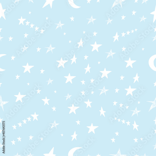 Cute Seamless childish pattern with hand drawn white stars and moon. Creative background for kids texture for fabric, wrapping, textile, wallpaper, apparel. Cartoon style. Great for girls and boys.