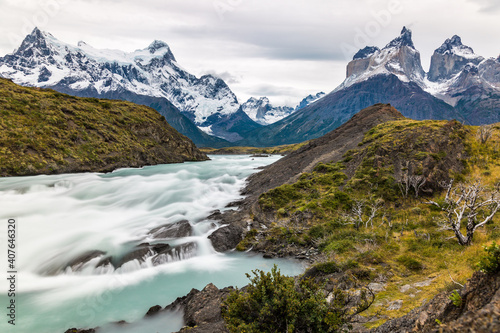 Part of the Salto Grande waterfall cascade of river Paine in Torres del Paine National Park (CL). In the background are Cuernos del Paine or 