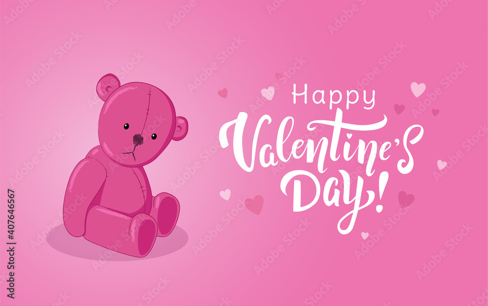 Pink cute Teddy bear on pink background with hand drawn lettering Happy Valentine's Day and small hearts. - Vector