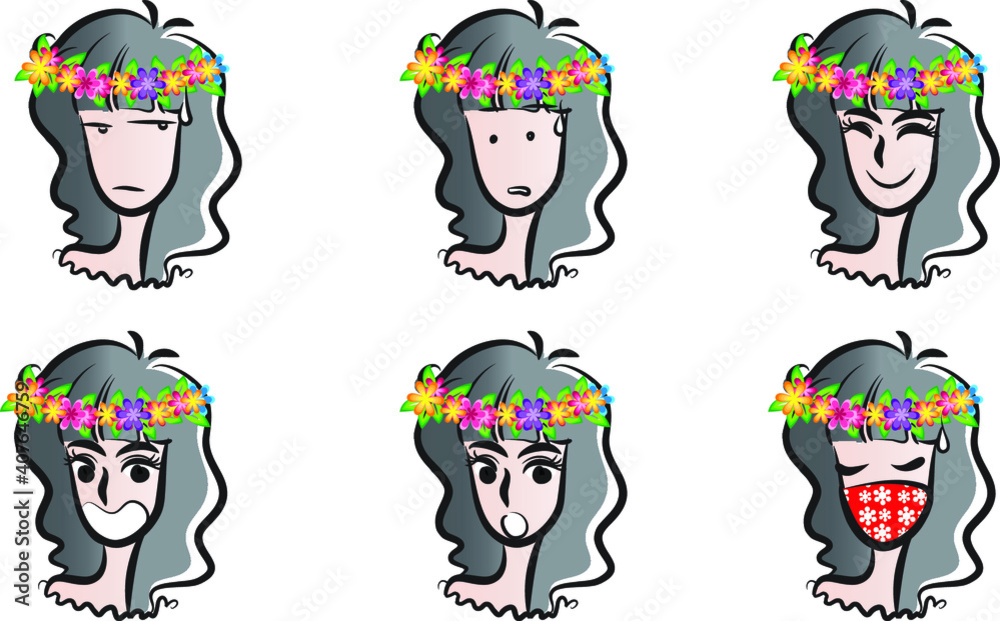 vector drawing girl with flowers emoji set vector drawing girl with flowers emoji set