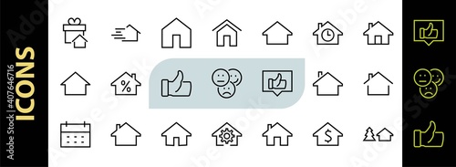 Simple set of line vector home icons. Contains house symbols at interest, infuse house and more. Editable stroke. 480x480 pixels perfect