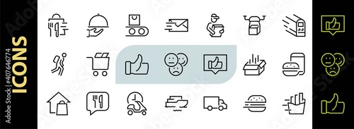 PIZZA DELIVERY, and Food Icon Set Vector thin line, contains courier, home delivery, food ordering, fast transport, drone, ship, car, editable stroke. ICONS circuits