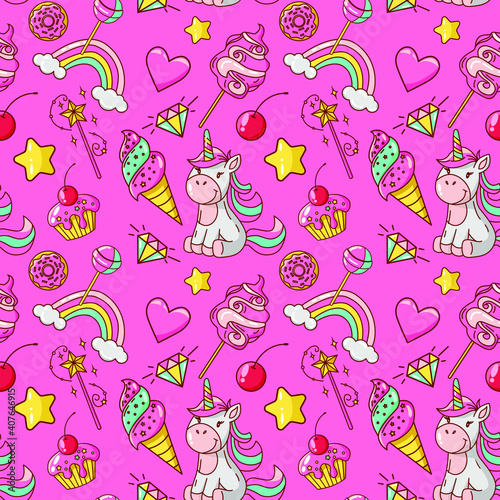 Unicorn seamless pattern. Ice cream, donut, lollipop, cotton candy, magic wand, cupcake, diamond, rainbow, stars, heart. Great for wallpaper, gift paper, fabric, wrapping paper, surface design