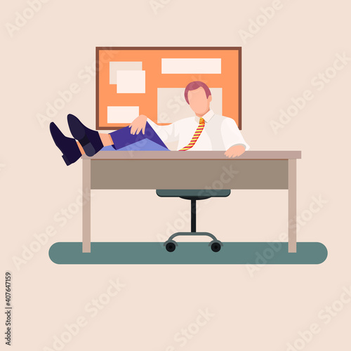 Vector illustration.Young man sits in the office, his legs thrown on the table. Boss at a working table. Flat.