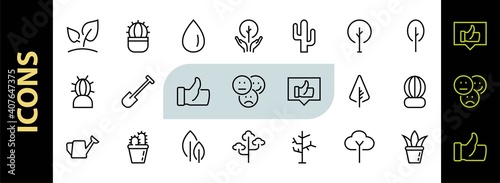 A set of Rosteniya Icons, and garden care, Vector illustration, Contains Icons such as tree, cactus, watering can, spade, flower and much more. on a white background, editable bar 480x480