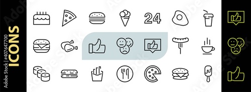 A simple set of fast food icons related to the vector line. Contains icons such as pizza, burger, sushi, bike, scrambled eggs and more. EDITABLE stroke. EPS 10