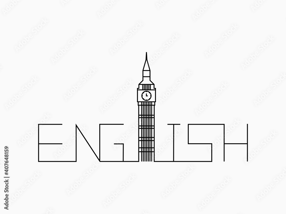 isolated linear black lines continuous word text english lettering with Big Ben tower, typography  on white for logo, banner, label, background, wallpaper, travel, educational element. vector design.