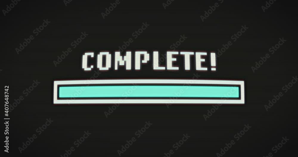 Animation of flickering loading and complete text and bar on black background